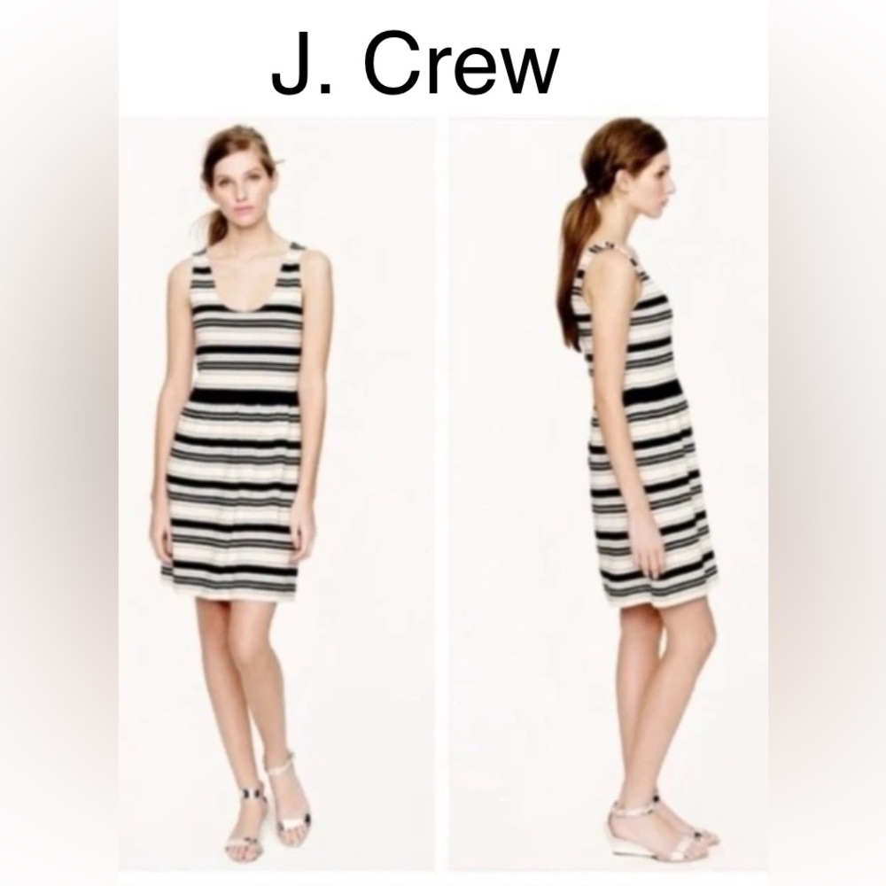 J.CREW BLACK & IVORY STRIPED VILLA COTTON FIT FLARE DRESS W/BACKSIDE BUTTONS